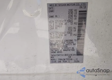 2018 Nissan Rogue Sv z USA, uszkodzony, nr VIN 5N1AT2MT3JC801934